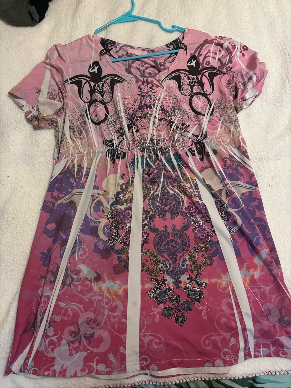 Lady Noiz Pink and Purple Short-Sleeve Patterned Tunic Top